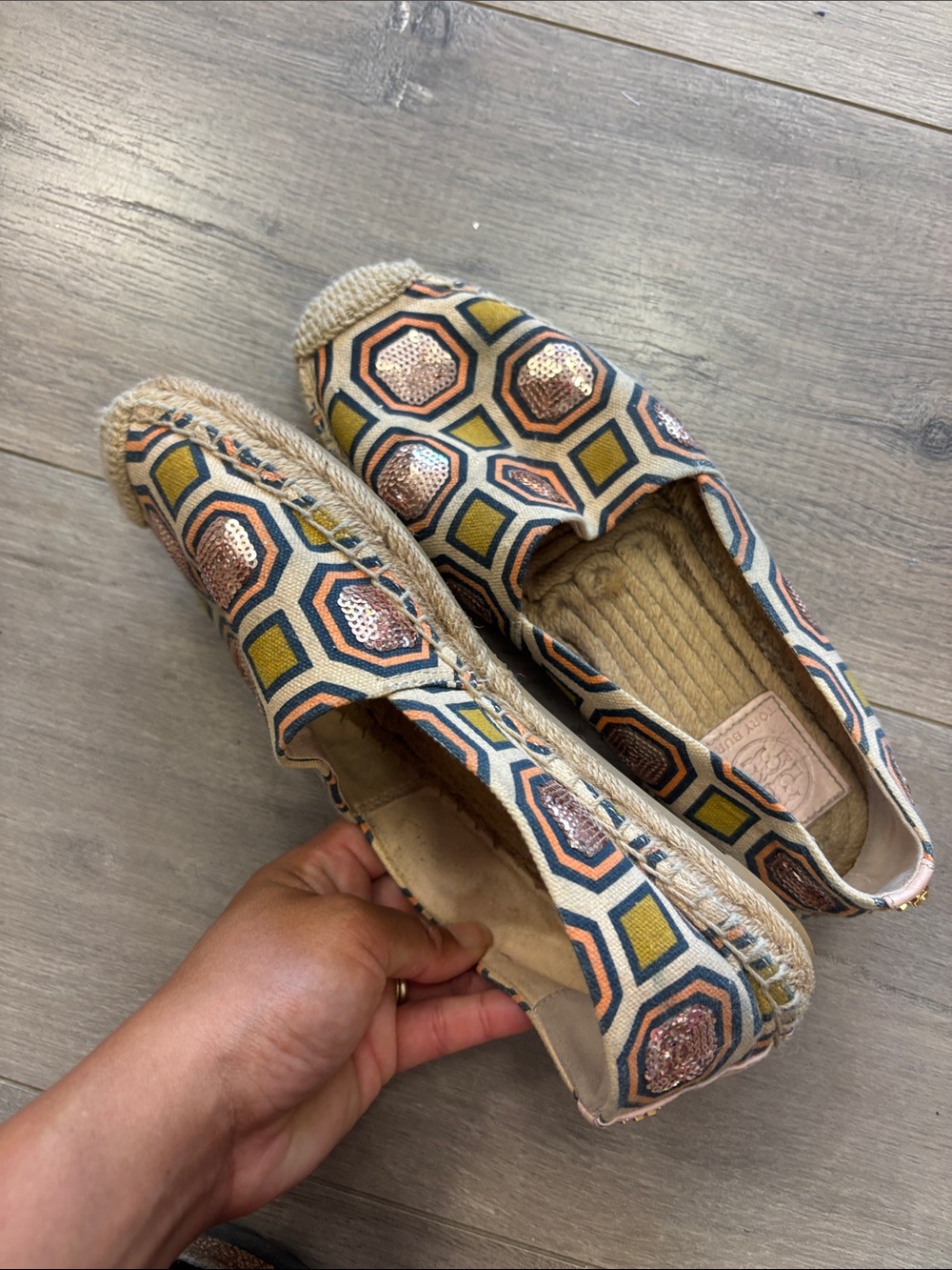 Geometric Espadrille Slip-Ons in Navy and Tan - Picture 6 of 8